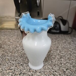 Vintage Unmarked Opaline Crimped Glass Vase Possibly Fenton